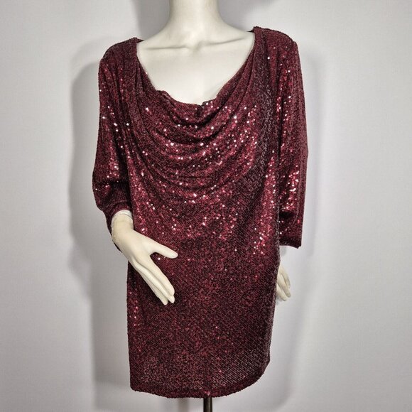 Alex Evenings Women's Size 3X Red Sequined Cowl Neck Blouse Tunic Top Plus 46 - Picture 2 of 14